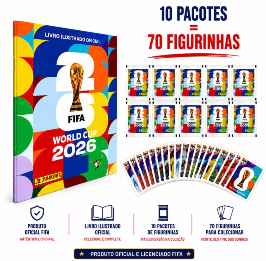 Kit Álbum Copa Do Mundo FIFA 2026 Brochura + 70 Figurinhas 10 Pacotes Colecionáveis Original
