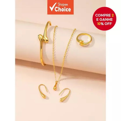 Conjunto De Joias Banhadas A Ouro Feminino Gota D'água – 4 Peças De Anel , Colar , Brincos , Pulseira , Presente Elegant