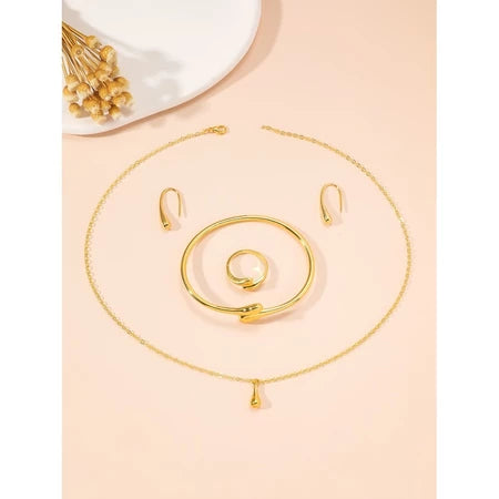Conjunto De Joias Banhadas A Ouro Feminino Gota D'água – 4 Peças De Anel , Colar , Brincos , Pulseira , Presente Elegant