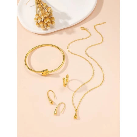 Conjunto De Joias Banhadas A Ouro Feminino Gota D'água – 4 Peças De Anel , Colar , Brincos , Pulseira , Presente Elegant