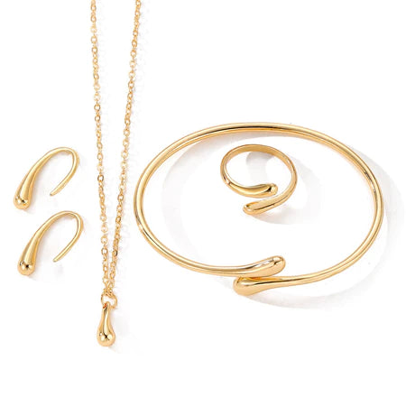 Conjunto De Joias Banhadas A Ouro Feminino Gota D'água – 4 Peças De Anel , Colar , Brincos , Pulseira , Presente Elegant